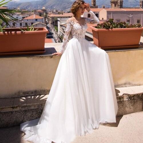 A-Line White Appliques Wedding Dress Chiffon Illusion Back Long Sleeve Custom Made Bridal Dress