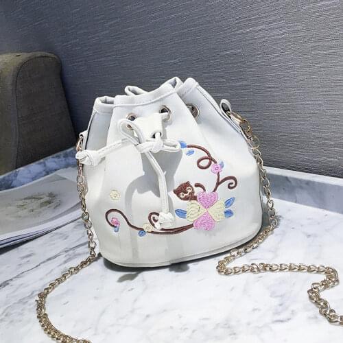 Hot Selling Fashion Women PU Leather Drawstring Bags Chain Bucket Bag Flower Embroidery Crossbody Shoulder Bag
