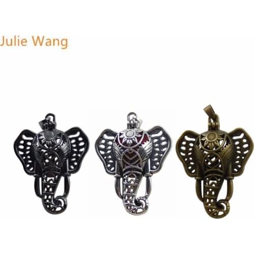 Julie Wang 1PCS Elephant Head Shape Charms Antique Color Pearl Beads Cage Locket Trendy Perfume Essential Diffuser Pendant