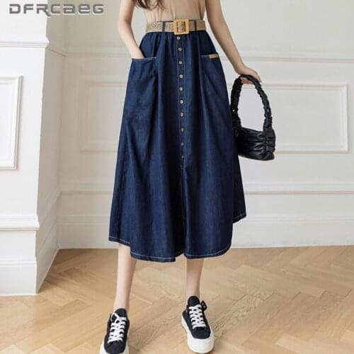 Deep Blue Single Breasted Big Swing Thin Women Denim Skirts With Belt 2021 Summer Hight Waist Streetwear Jeans Long Skirt Female