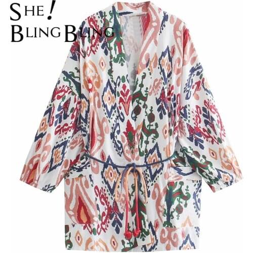 SheBlingBling Za Woman 2021 Colored Print Summer Drop Shoulder Elastic Cuff Kimono Shirt Belte Female Loose Long Causal Blouses