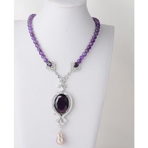Womens 19'' Round Amethyst Necklace Keshi Pearl CZ Pendant