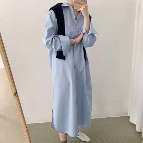 Johnature Korean Women Clothes Dress 2021 Spring New Simple Solid Color Loose Turn-down Collar Shirt Dresses 3 Colors