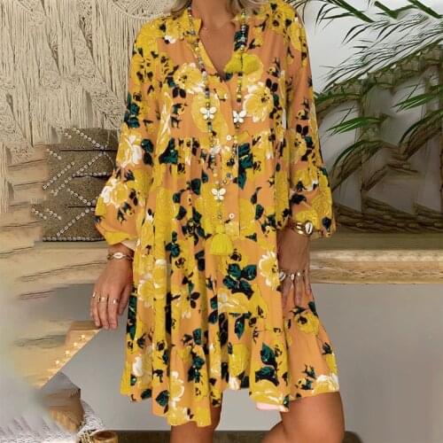 Fashion Bohemian Women Dresses Summer Long Sleeve Button Loose Mini Dress Big Swing Boho Dress Printed Plus Size Vestido
