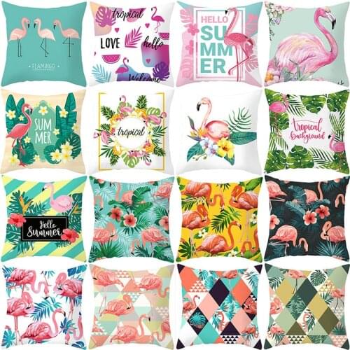 Animal Flamingo Cushion Cover 45X45 Green Plants Flowers Decorative Pillowcase Sofa Cushions Summer Pillow Covers Home Decor