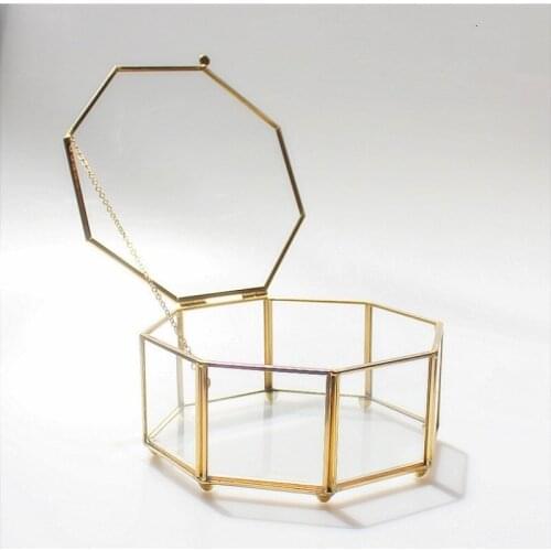 Golden Eight-sided Clamshell Jewelry Box Geometric Glass Flower Room Gold Frame Eight-sided Glass Geometric Wedding Jewelry Box