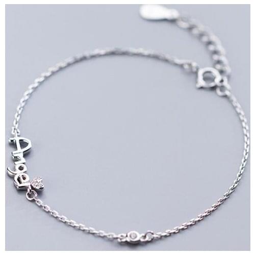 1pc 100% Real. 925 Sterling Silver Fine Jewelry Script "Angel" with Heart Love zirconia set Chain Bracelet LS766