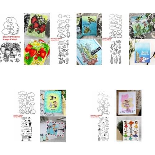 2pcs/set Cutting Dies & Clear Stamps Strawberry Fish Turtle Seaweed Creature Deer Bunny Ballet Girl For Scrapbooking Craft 2020