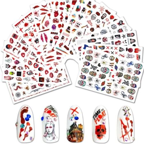 12Pcs/lot Halloween Series Nail Art Sticker Ultra-thin Horror Back Glue Decal DIY Self-Adhesive Manicure Slider Decorations PH6