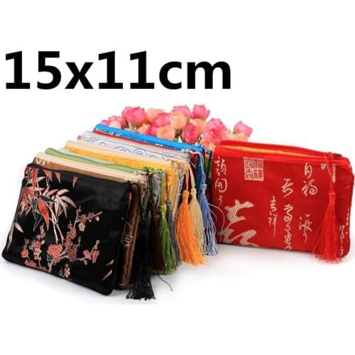 50pcs Thicken Chinese Silk Gift Bag Christmas Phone Pouches Tassel Zipper Coin Purse Party Favors Brocade Jewelry Packaging
