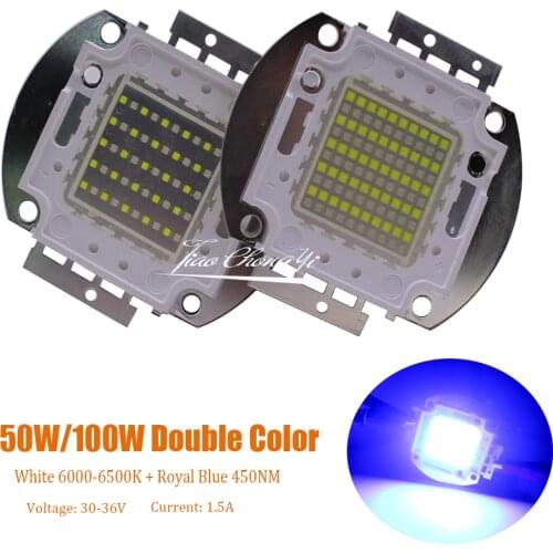 50W 100W Double Color led white 6000k +Royal Blue 450nm 28-36V High Power LED Light lamp