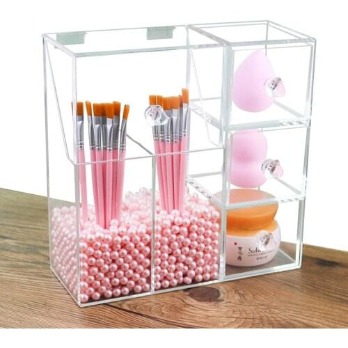 Acrylic Transparent Makeup Brush Storage Box Flap Dustproof Beauty Brushware Storage Bucket with Pearl Storage Box
