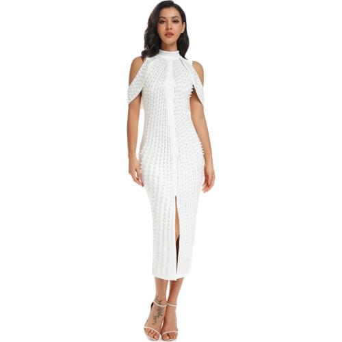 Bevenccel Vestido 2020 Women Dress Summer Sleeveless Off Shoulder Beads Sequins Maxi Dress Elegant Celebrity Evening Party Dress