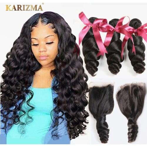 Karizma Brazilian Hair Weave Bundles With Closure Brazilian Loose Wave 3 Bundles With Closure Non Remy Human Hair With Frontal