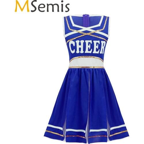 Kids Girls Sequins Cheerleader Costume Sleeveless Crisscross Front Zipper Cheerleading Uniform Children Jazz Modern Dance Dress