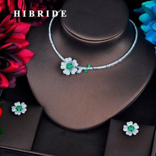 HIBRIDE Elegant Green Flower Bridal Dubai Jewelry Sets Micro CZ Pave By Hand Necklace Set Beauty Jewelry Party Gifts N-570