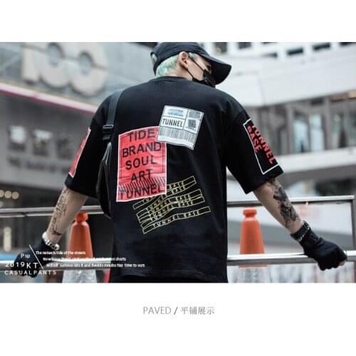 Hip Hop Mens Zipper Pocket Patchwork T Shirt Street Wear Summer Harajuku Print Shirt Trend Loose Comfortable Male Tee