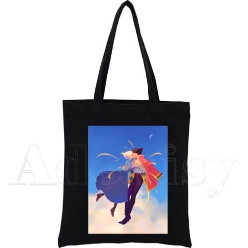 Howls Moving Castle Canvas Simple Cartoon Print Shopping Bags Girls Fashion Life Casual Pacakge Hand Bag Black