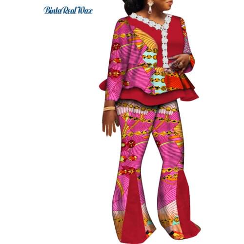 2pcs Set Africa Women Clothes Top Pant Sets African Print Patchwork Tops and Trouser Suit for Women Bazin Riche Pant Sets WY7304