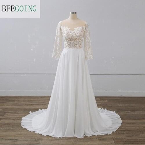 Lace Beading Tulle Chiffon 3/4 Sleeves Bridal gown Floor-Length A-line Wedding dresses Chapel Train Custom made
