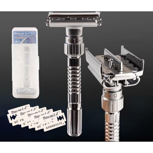 Men Shaving Razor Classic Manual Adjustable Double Edge Metal Safety Face Razors with 5 Blades Replacement Shaver Set Easy Clean