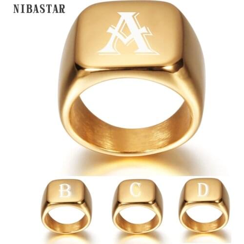 NIBASTAR Custom Gold A-Z Initial Letters For women Men Ring Stainless Steel Engrave Rings Fashion Jewelry For Lover Gift