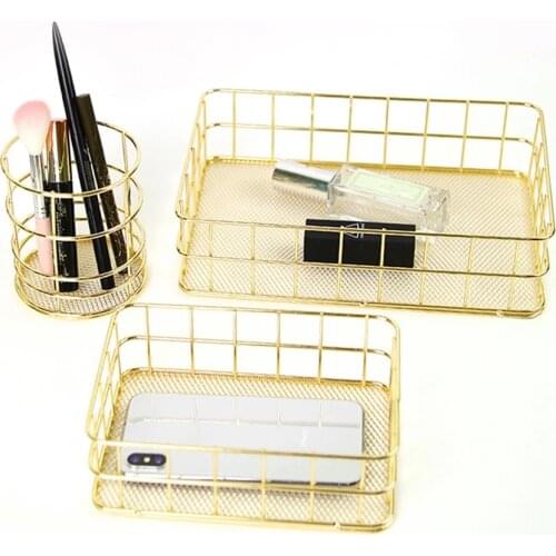 Nordic Rose Gold Metal Wire Storage Basket Office Desktop Sundries Makeup Brushes Holder Table Cosmetics Organizer Iron Basket