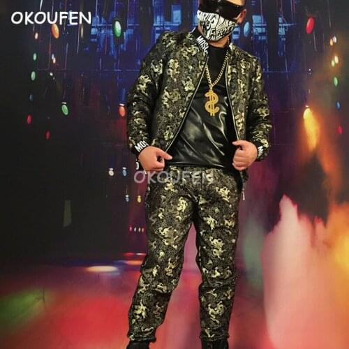 New fashion Embroidery Gold Dragon Baseball uniforms night club bar male singer DJ hairdresser stage clothing
