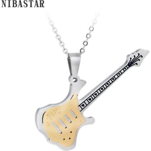 Wholesale HIP Rock Gold-Color Titanium Stainless Steel Guitar Pendant Necklace Punk Rock Music Men Jewelry