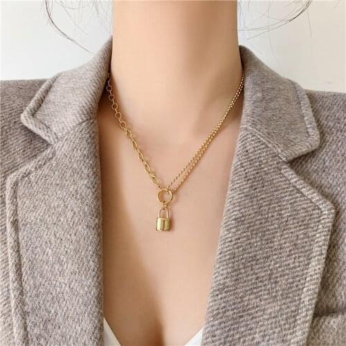 2021 Elegant 18K Gold Color Metal Lock Pendant Necklace Choker for Female Asymmetric Fashion Stainless Steel Woman Gift Washable