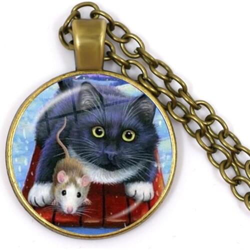 Initial necklace Cute Cat Glass Convex Round Pendant Necklace Cartoon Cat Time Accessories Necklace Pendant Jewelry