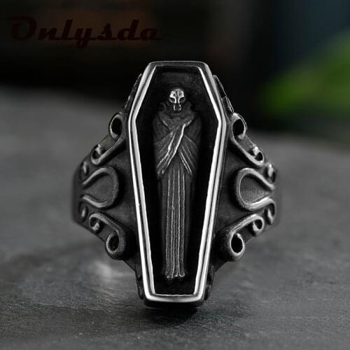 Punk Rock Vampire Skull Ring Men Boy Punk Street Black Stainless Steel Coffin Ring Gothic Biker Jewelry Gift Free Shipping