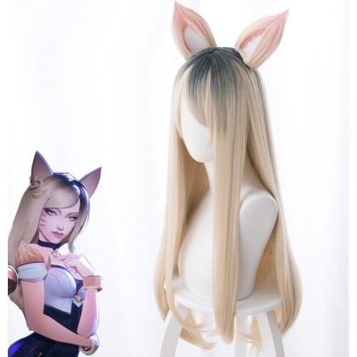 Game Character KDA K/DA Ahri Cosplay Wigs 70cm with ears KDA Heat Resistant Synthetic Hair Perucas Cosplay Fox Wig