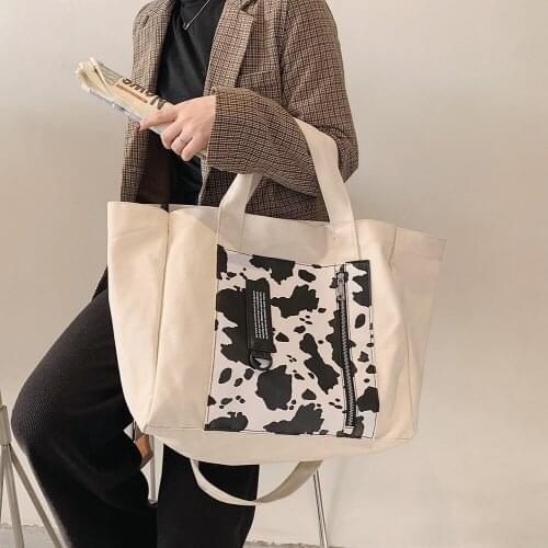 Casual Cow Pattern Canvas Large Capacity Tote Women Handbags Designer Shoulder Crossbody Bags Lady Students Big Shopper Bag 2021