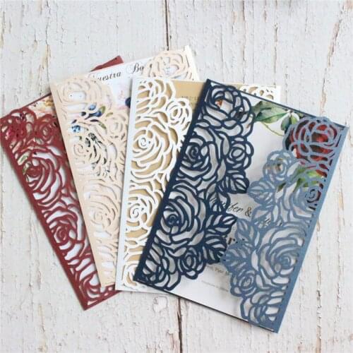 Rustic wedding cards rose laser cut invitation personalized insert card printing 50pcs