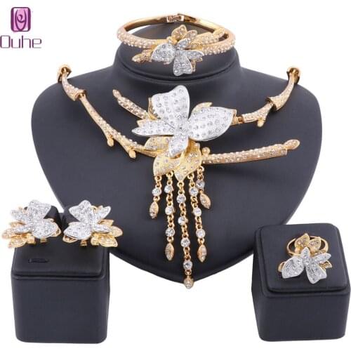 Bridal Gift Nigerian Wedding Tassel Necklace Earring Ring Bangle Jewelry Fashion Dubai Crystal Costume Design Flower Jewelry Set