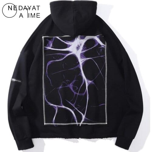 Harajuku Streetwear Zipper Hoodies Letter Lightning Print Hooded Sweatshirts Hip Hop Casual Fashion Hoodie Loose Tops Outerwear