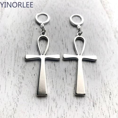 Goth Alloy Cross Antiqued Ankh Earrings Crochet Adornment Huge Egyptian Ornate Big Statement Punk Jewelry Gift Women 2021 New
