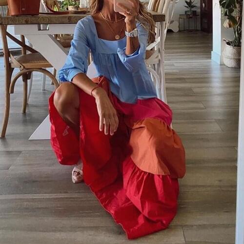 New Summer Autumn Ladies Flared Long Sundress Contrast Color Square Collar Loose Casual Style Dress Women Clothes Vacation