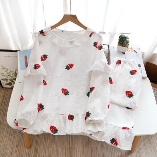 Women Cotton Long Sleeve Long Pants Pajama Set Double Gauze Crepe Womens Pajamas Embroidery Pijamas 2 Piece Pyjamas Home Set