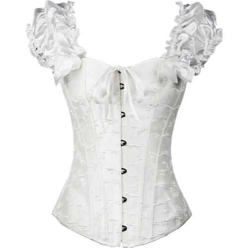 Women Sexy Puff Ruffle Sleeve Jacquard Steel Bone Overbust Corsets Waist Trainer Bustier Top Plus Size S-2XL