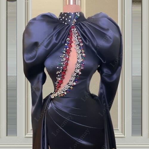 Navy Muslim Evening Dresses Long Sleeves Formal Special Occasion Dresses For Women Party Crystals Vestidos Elegantes Para Mujer