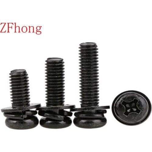 100pcs M4*6/8/10/12/16/20/25/30/35/40/45/50 steel with black phillips three parts Pan Head Combination screw