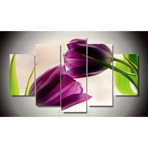 HD Printed Tulips Violet Petals Flower Poster 5 Pieces Unframed Painting Wall Art Picture For Room Modular Home Decor Artwork