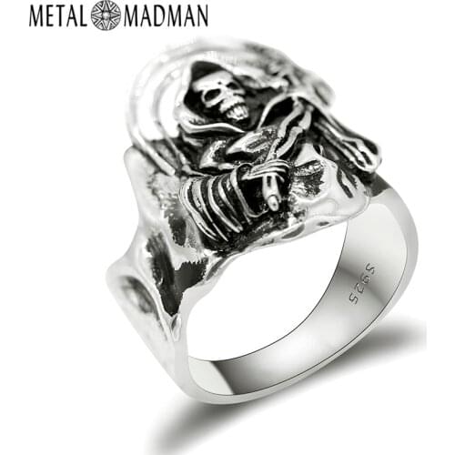 925 Sterling Silver Skull Men Ring Grim Reaper Skeleton Omnipotence Punk Style for Male Party Fashion Heavy Jewelry