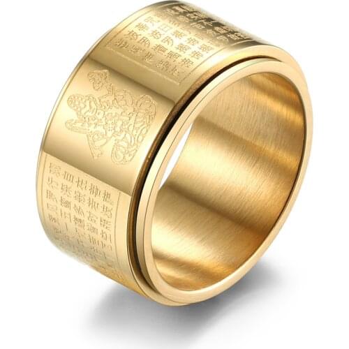 Buddhism Rotatable Spinner Rings for Men Heart Sutra Bodyguard Buddha Ring Chinese Style Stainless Steel Male Jewelry