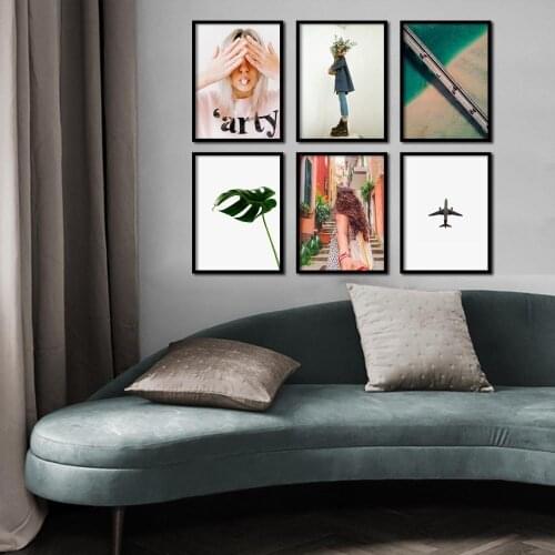 Girl Green Leaf Sea Beach Bridge Airplane Wall Art Canvas Painting Nordic Posters And Prints Wall Pictures for Living Room Decor