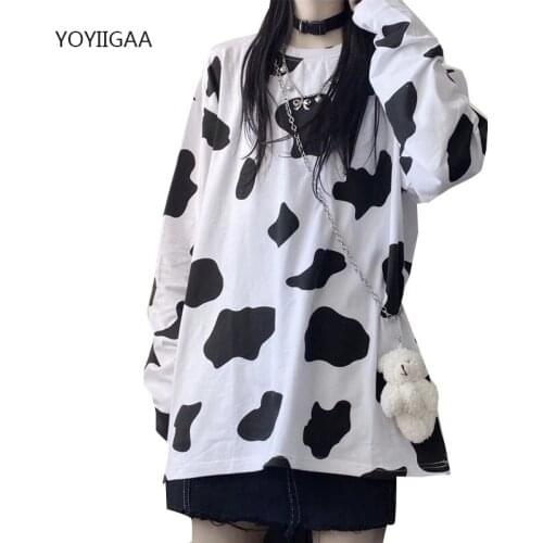 Cow Print Women T-shirt Long Sleeve Female Tshirt Tops Fashion Oversize Ladies Girls T-shirts Autumn Spring Cotton Woman T Shirt