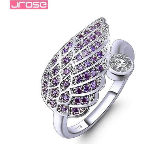 JROSE Brand Lovely Fashion Silver Color Angel Wings Crystal Ring For Women Jewelry Party Cocktail Anillos Mujer Size 6 7 8 9