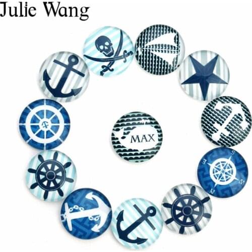 Julie Wang 20pcs 10/12/14/18mm Anchor Rudder Pirate Cat Glass Cabochon For Necklace Earrings Bracelet Jewelry Making Accessory